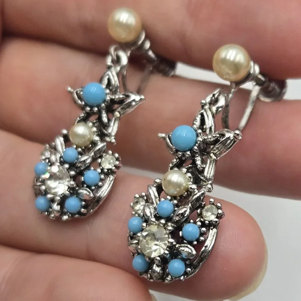 Vintage Star Brand Faux Turquoise And Bling Rhinestone Earrings Screwback